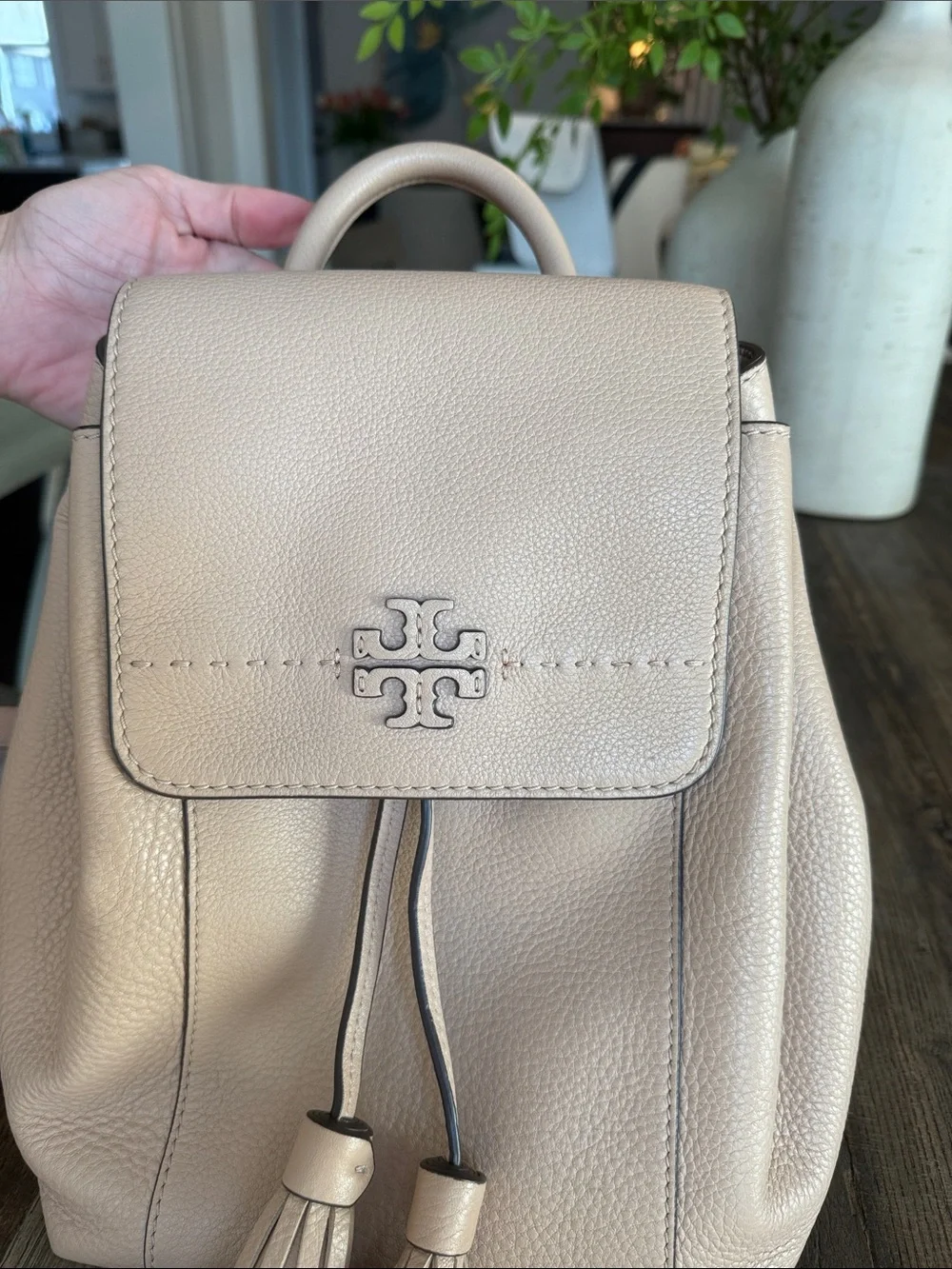 Tory Burch Pebbled Leather Tassel Backpack in Light Beige